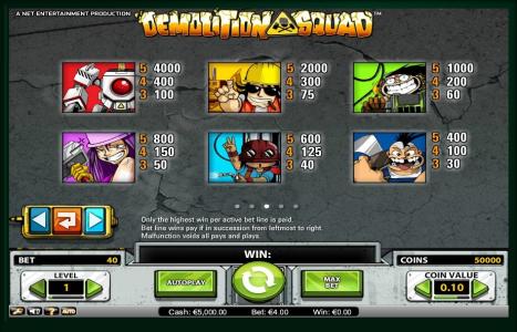 Demolition Squad Slot Machine Paytable Screen