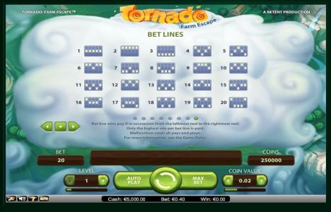 Tornado: Farm Escape Slot Machine Paylines Screen