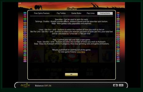 0 Lions Slot Machine Instruction Screen