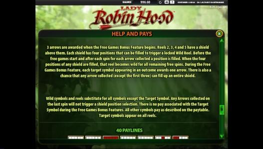 Lady Robin Hood Slot Machine Wild and Bonus Screen
