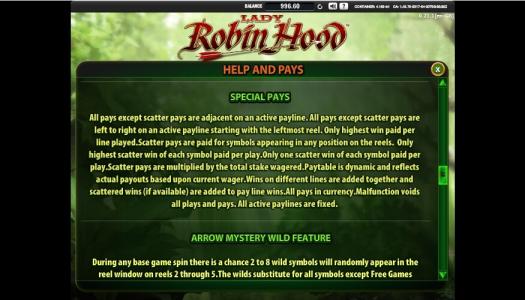 Lady Robin Hood Slot Machine Help and Pays Screen