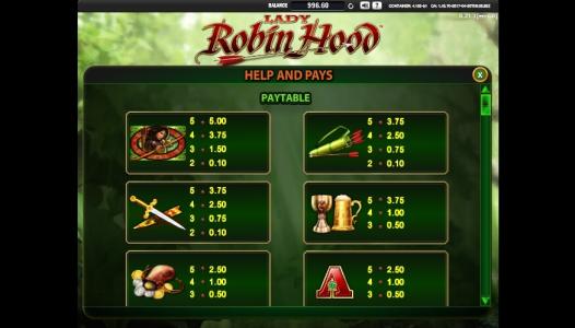 Lady Robin Hood Slot Machine Paytable Screen
