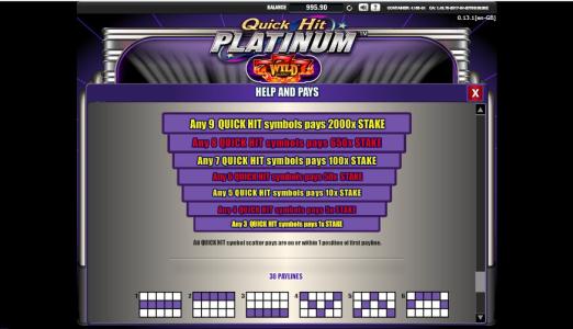 Quick Hit Platinum Slot Machine Paylines Screen