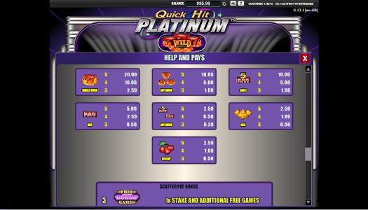 Quick Hit Platinum Slot Machine Paytable Screen