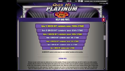 Quick Hit Platinum Slot Machine Help and Pays Details Screen
