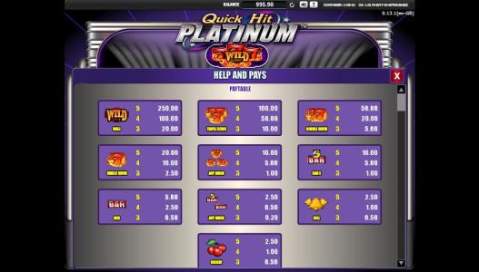 Quick Hit Platinum Slot Machine Paytable Screen