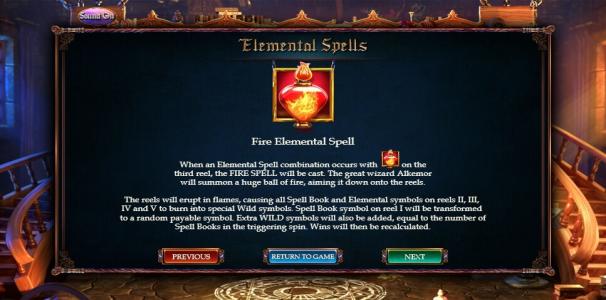 Alkemors Tower Slot Machine Fire Elemental Spell feature Description With Flaming Symbol Screen