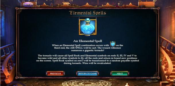 Alkemors Tower Slot Machine Fire Elemental Spell feature Description With Tornado Symbol Screen
