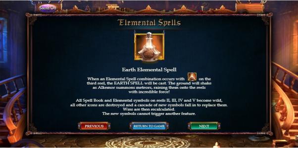 Alkemors Tower Slot Machine Fire Elemental Spell feature Description With Meteor Symbol Screen
