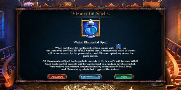 Alkemors Tower Slot Machine - Fire Elemental Spell feature Description With Water Symbol Screen