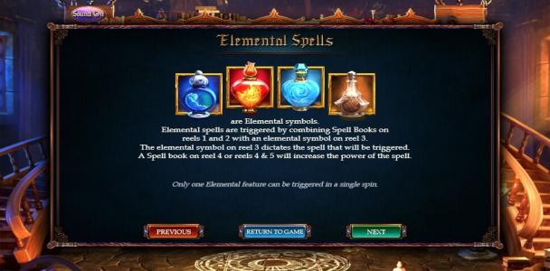 Alkemors Tower Slot Machine Overview of Elemental Spell Features With Symbols Screen