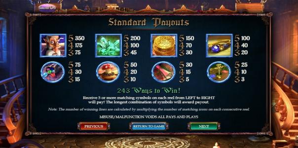 Alkemors Tower Slot Machine Paytable Screen