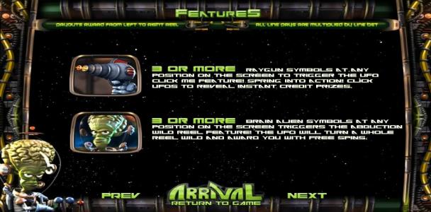 Arrival Slot Machine Raygun and Brain Alien Features Screen