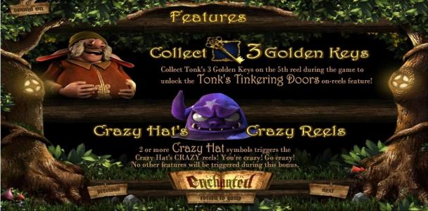 Enchanted Slot Machine Golden Keys and Crazy Hat Features Screen