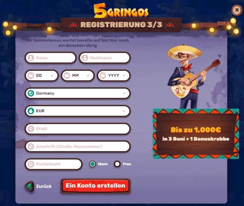 Registrierung im 5Gringos Casino Schritt 3