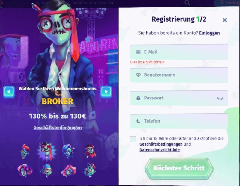 Registrierung im Casombie Casino Schritt 1