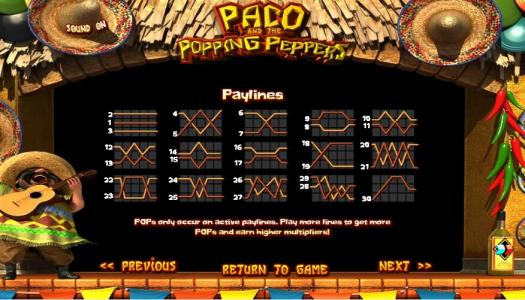 Paco and the Popping Peppers Slot Machine Paylines Screen