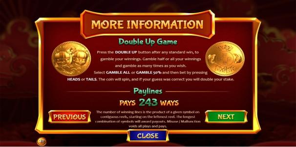 Fa Fa Twins Slot Machine Double Up Game and Paylines Screen