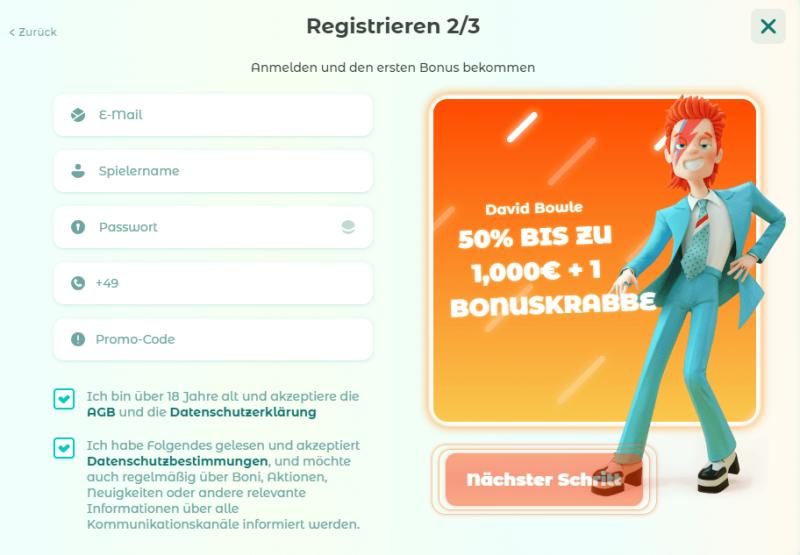 Registrierung im Neon54 Casino Schritt 2