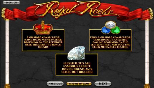 Royal Reels Slot Machine Bonus Features Screen