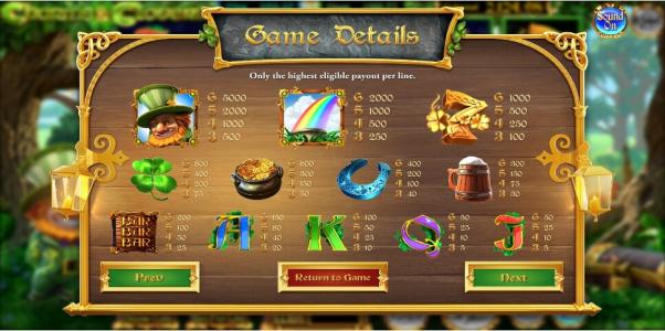Charms and Clovers Slot Machine Paytable Screen