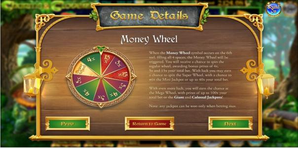 Charms and Clovers Slot Machine Money Wheel Feature Screen