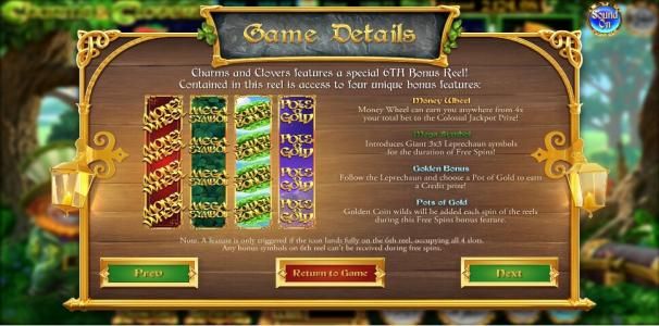 Charms and Clovers Slot Machine Charms and Clovers Bonus Reel Features Screen
