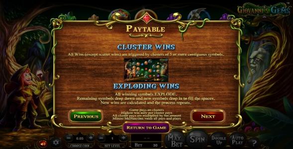 Giovannis Gems Slot Machine Cluster and Exploding Wins Screen