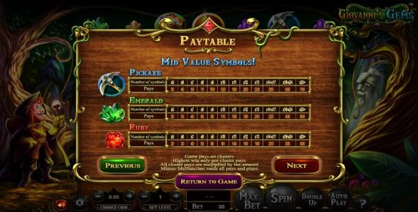 Giovannis Gems Slot Machine Bonus Symbol Screen