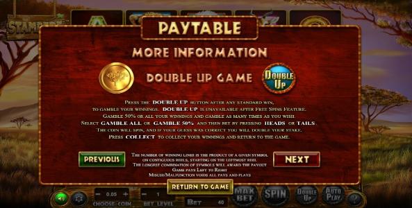 Stampede Slot Machine General Game Information Screen