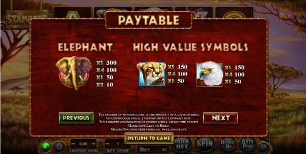 Stampede Slot Machine - Paytable Screen