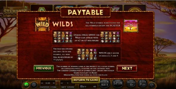 Stampede Slot Machine Paytable and Wild Screen