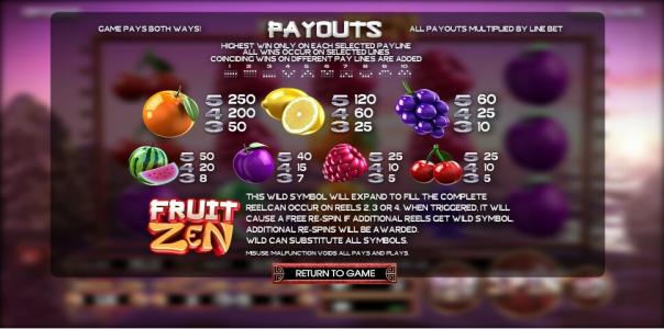 Fruit Zen Slot Machine Paytable Screen