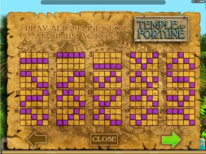 Temple of Fortune Slot Machine Paylines Screen