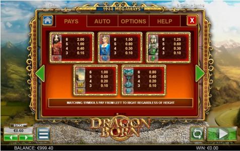 Dragon Born Slot Machine Paytable Screen