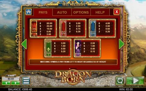 Dragon Born Slot Machine Paytable Screen