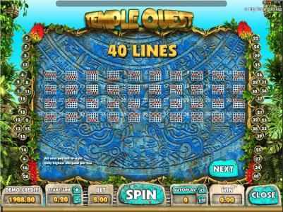 Temple Quest Slot Machine Paylines Screen