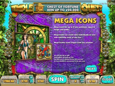 Temple Quest Slot Machine Mega Icons Feature Screen