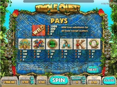 Temple Quest Slot Machine Paytable Screen