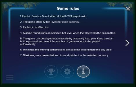 Electric Sam Slot Machine Game Rules Screen