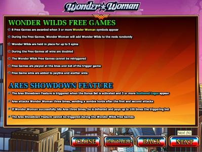 Wonder Woman Slot Machine Free Spins and Bonus Features Screen