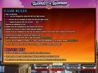 Wonder Woman Slot Machine Game Rules and Bonus Bet Screen