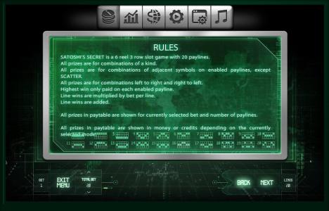 Satoshis Secret Slot Machine Paylines Screen