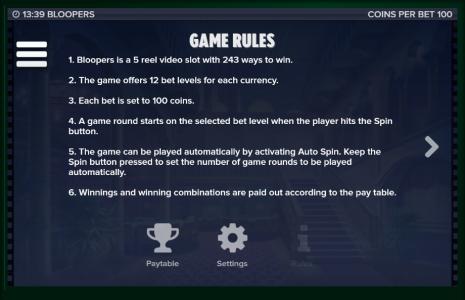 Bloopers Slot Machine Game Rules Screen