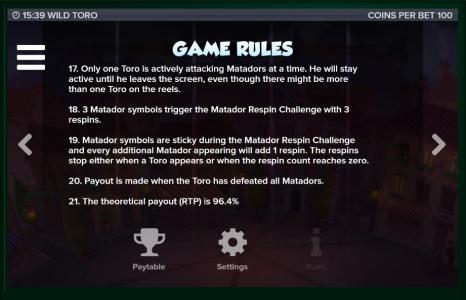 Wild Toro Slot Machine Game Rules Screen