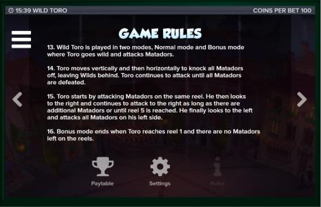 Wild Toro Slot Machine Game Rules Screen