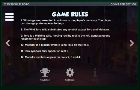 Wild Toro Slot Machine Game Rules Screen