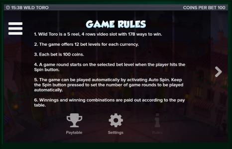 Wild Toro Slot Machine Game Rules Screen