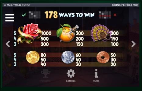 Wild Toro Slot Machine Paytable Screen