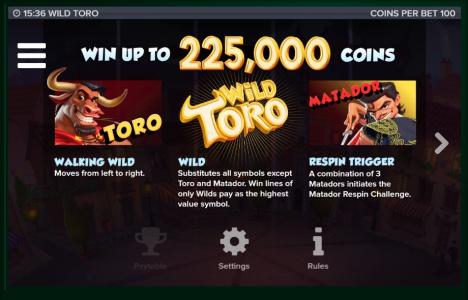 Wild Toro Slot Machine Features Screen